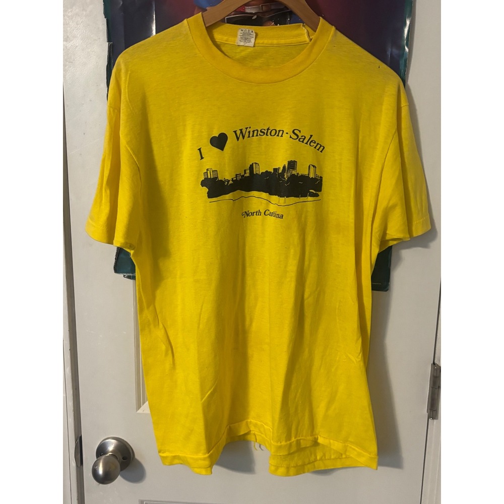 Vintage 80s Screen Stars I Heart Winston-Salem NC TShirt XL Yellow Single Stitch